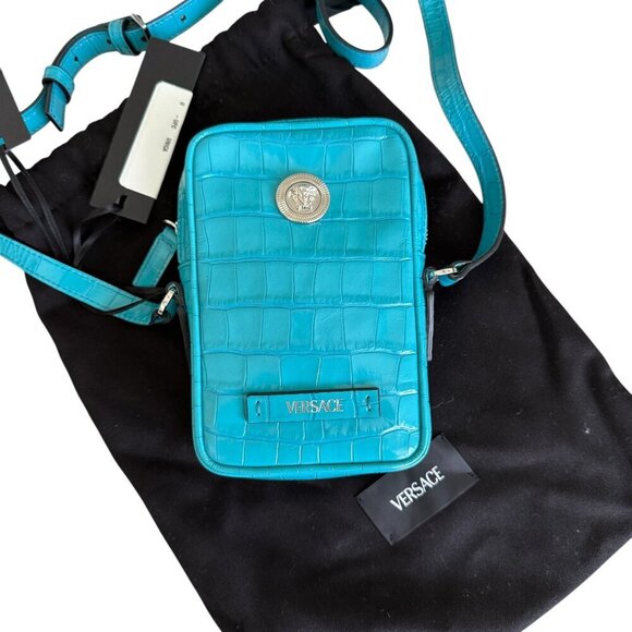Versace Blue Croc-Embossed Medusa Mini Phone Case Bag 1006192 - Picture 1 of 15
